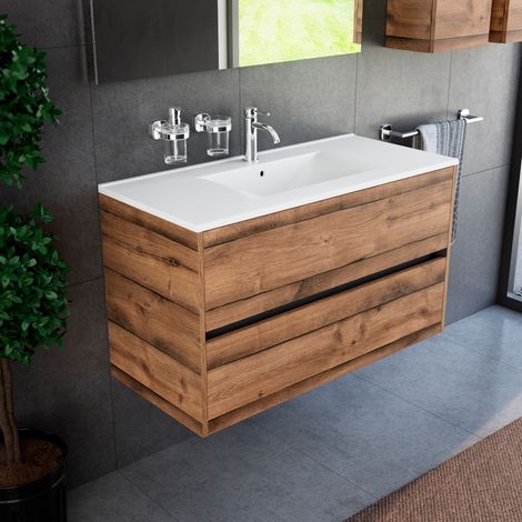 Inda - Badezimmerschrank 100 cm breiter Diamante-aus antiker Eiche mit 2 Schubladen und Keramikwaschbecken (1/4)