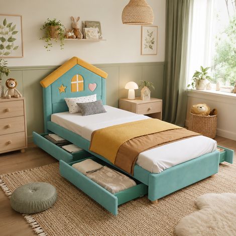 Lit d'enfant, lit rembourré en forme de maison bleu-vert, lit d'enfant avec 4 tiroirs, lit avec rangement pour chambre d'enfant, lit cabane enfants, 90x200 cm, lit enfant, lit enfant cabane (1/5)