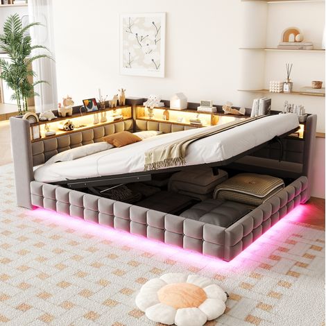 Canapé-lit convertible 140x200 cm en velours gris clair, avec rangement, pour chambre FloraGrace (1/5)