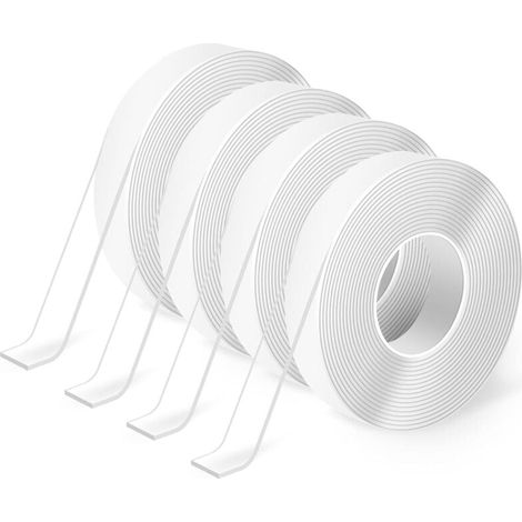 Hochleistungsfähiges, doppelseitiges Klebeband (4 Rollen à 3 Meter), rückstandsfrei entfernbar, abwaschbar und wiederverwendbar. Vielseitig einsetzbar. Bekannt aus dem Fernsehen. (1/4)