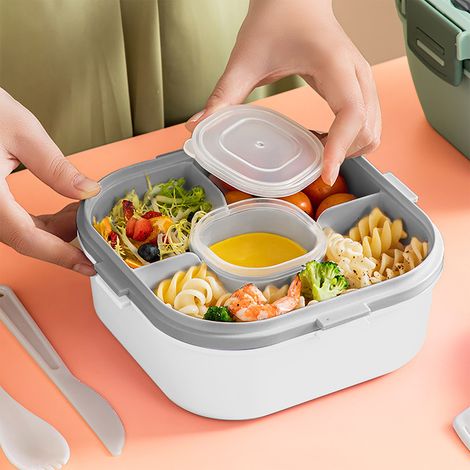 Boîte à salade en plastique à 2 compartiments, compatible micro-ondes, blanche, 1200 ml, idéale pour les pique-niques légers et faciles à transporter, parfaite pour les employés de bureau. (1/5)