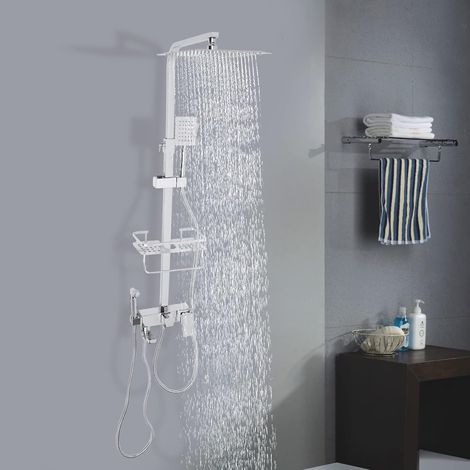Sistema de ducha con grifo, juego de ducha de lluvia con cabezal de ducha y estante, 4 Modo de salida de agua, barra de ducha ajustable, alcachofa cuadrada de 25 cm (plata) (1/5)