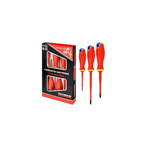 Set di 6 cacciaviti Vde 1000V, punte piane 2,5x75 / 4x100 / 5,5x100 / Pz0x60 / Pz1x80 / Pz2x100