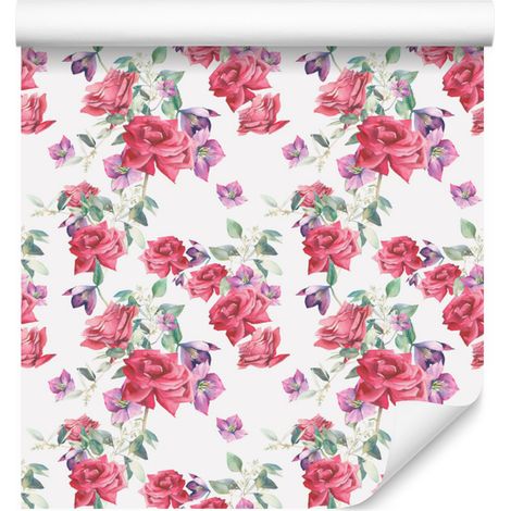 Carta da parati con rose, foglie e fiori per soggiorno e camera da letto, 50x1000 cm (1/5)