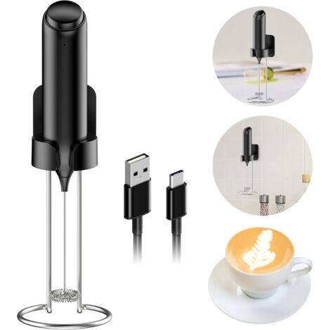 Mousseur à lait Électrique, Rechargeable USB-C Mousseur Lait avec support en Acier Inoxydable Mousseur de Lait Automatiques Baguette Murale pour Café, Latte et Cappuccino (1/5)