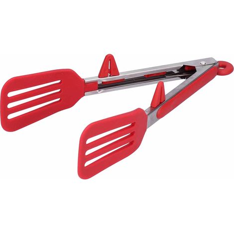Edelstahl-Silikon-Lebensmittelspatel mit Klemme, Grillzange, Steakzange, Backwerkzeug für Zuhause, 23 cm, rote Halterung (1/5)