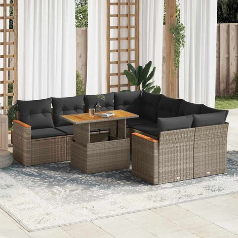 Set sofás jardín y cojines 9 pzas ratán sintético acacia gris vidaXL (1/5)