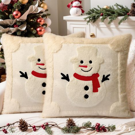 Ensemble de 2 taies d'oreiller de Noël en fausse fourrure, 45 x 45 cm, motif bonhomme de neige beige doux et moelleux, style ferme. (1/5)
