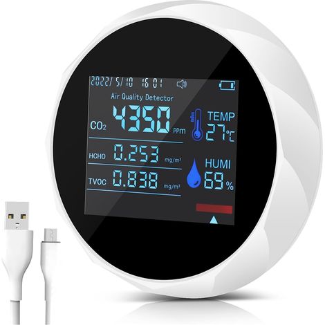 Compteur de particules de poussière professionnel, 7 en 1 compteur de CO2 testeur d'humidité de la température numérique détecteur TVOC HCHO moniteur de qualité de l'air moniteur d'alarme d'avertissem (1/5)