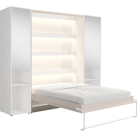 Letto a scomparsa verticale 140 x 200 cm 2 colonne contenitore Con specchi e LED Beige - RAPILI