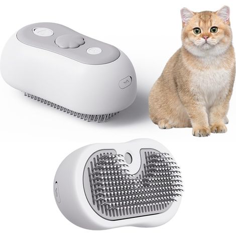 Cepillo de vapor 3 en 1 Dussdote para mascotas, cerdas de acero curvadas, punta de silicona antiarañazos, desenreda el pelaje, masajea, autolimpiante, carga USB-C, apto para gatos y perros, blanco. (1/5)