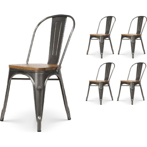Set 4 sedie in metallo grezzo con aspetto zincato e seduta in legno chiaro - Stile industriale