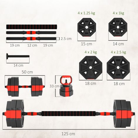 Kit de musculation 6 en 1 de 30 kg, convertible : kettlebell, 2 haltères, barre d'haltères et support à pompes, rouge (1/5)