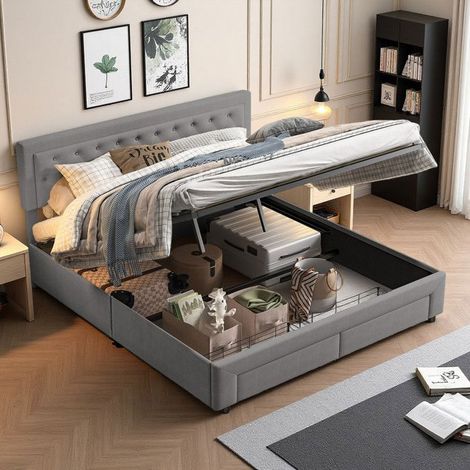 Letto matrimoniale 180x200 in velluto grigio capitonné con contenitore idraulico e cassetti