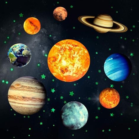 Autocollants Lumineux 9pcs Planètes Étoiles Lumineuses Système Solaire Planètes Fluorescent Stickers Muraux Décoration de Plafond Autocollants pour Chambres d'enfants (1/4)