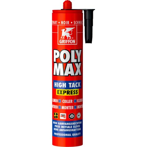 Griffon – Colle multi-usage POLYMAX HIGHT TACK noir 435g – Exempte de solvant – Pour collage bois, plâtre, béton, métal – Prise initiale très élevée