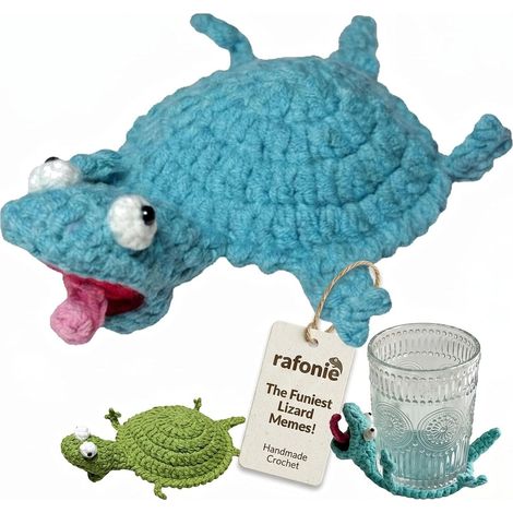 Dessous de verre au crochet, motif lézard amusant, faits main, adaptés aux débutants et aux adultes pour la décoration, bleus. (1/4)
