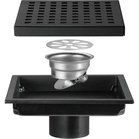 Stainless Steel Floor Drain for Shower Room and Bathroom, Large Displacement Square Lattice Deodorizing Floor Drain (Black 15 x 15cm) (1/5)