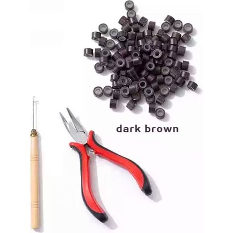 Lot de 100 micro-anneaux avec silicone - Marron foncé - Avec crochets et pince d'extension - Accessoires pour extensions de cheveux