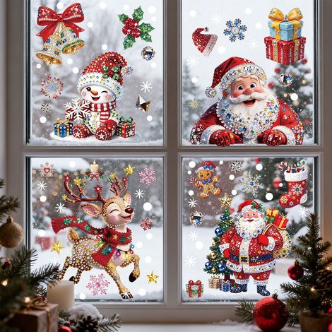 Décorations de Noël pour fenêtres, bijoux en diamants étincelants, autocollants en verre Père Noël, autocollants statiques pour fenêtres bonhomme de neige et rennes