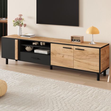 Meuble TV 180x32.5x50 cm - 3 portes et 1 tiroir - Rangement semi-ouvert - Panneaux de particules - Noir et naturel (1/5)