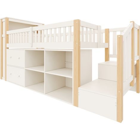 Letto a soppalco 90 x 200 cm con cassetti, vano portaoggetti, scala e LED, naturale (1/5)