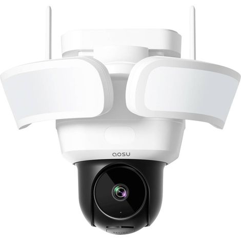AOSU Telecamera WiFi Esterno con Fili - 3K 5MP Floodlight Cam Pro 360 Gradi Cablata, Proiettore 2600 lumen, Rilevamento AI, Registrazione 24/7, Compatibile Alexa