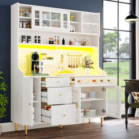 Meuble de rangement haut blanc 145x39x171 cm, placard polyvalent pour cuisine, salle à manger ou séjour, étagères ajustables, éclairage LED intégré, tiroir avec porte-bouteilles, armoire design modern (1/5)