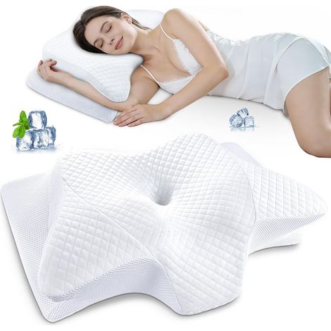 Oreiller Ergonomique Cervical, 2 en 1 Oreiller Memoire Forme pour la Nuque, Coussin pour Dormir sur Le côté, Le Dos et Le Ventre, 60x35,5x13/10 CM, Blanc (1/5)