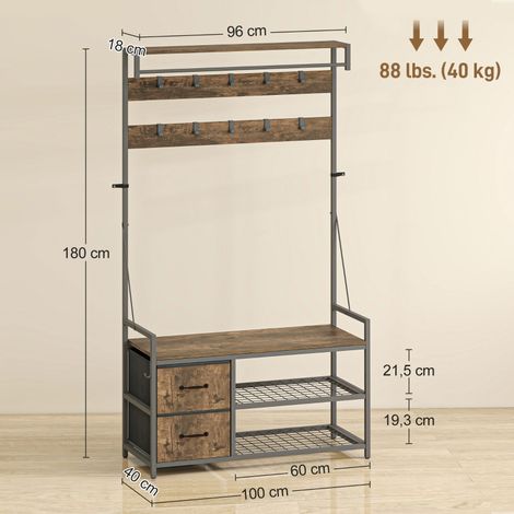 Porte-manteau industriel 6-en-1 avec banc, étagère à chaussures et rangement, 10 patères, 2 tiroirs textiles, structure en métal et bois, finition marron, meuble d'entrée polyvalent. (1/5)