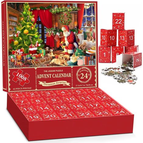 Calendrier de l'Avent 2024 Puzzle Noël 24 cases Père préparant les cadeaux compte à rebours jusqu'à 1008 pièces