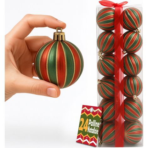 Box 24 Palline di Natale per Albero Sfere Natalizie Addobbo Rosso e Verde da 6cm (1/5)