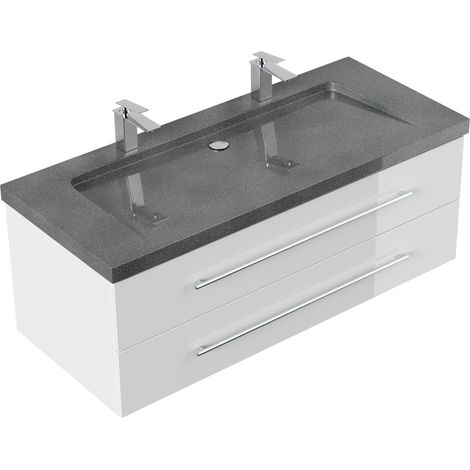 Badmöbel Granit G654 Damo 130 cm 2 Hahnlöcher SoftClose weiß hochglanz