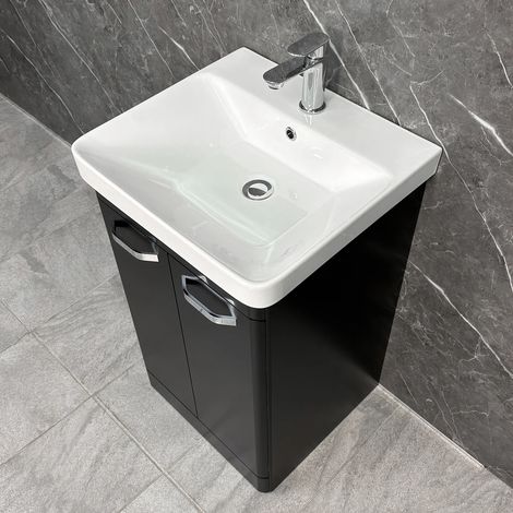 Black Vanity Unit Ceramic Basin Sink Bathroom 500mm with Chrome Handles Pacific, Without Tap & Waste