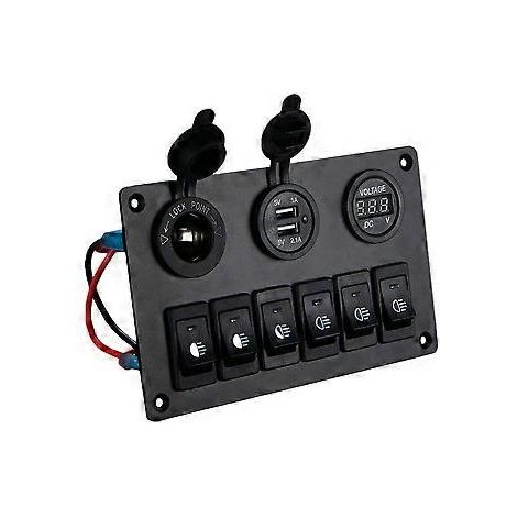 6-fach Schalterpanel mit 12V-24V LED-Digitalvoltmeter, zwei USB-Ladebuchsen und Zigarettenanzünderbuchse für Wohnmobile, LKWs, Boote und SUVs