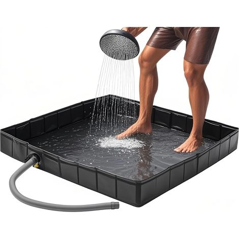 Receveur de Douche Portable Pliable 104 x 104 x 12,5 cm avec Tuyau de Vidange – Base de Douche Étanche pour Camping, Camping-Car, Extérieur et Intérieur