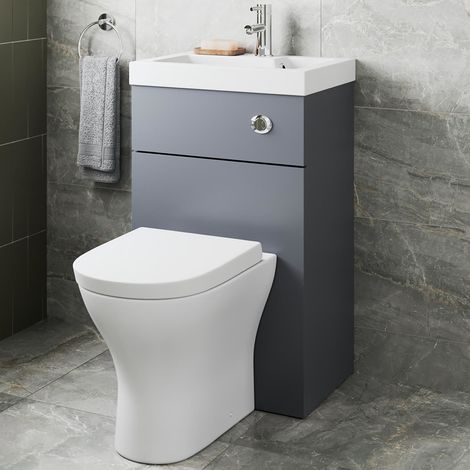2 in 1 Toilet Basin Combi Unit Back to Wall BTW Grey Gloss Space Saving 500mm (1/5)