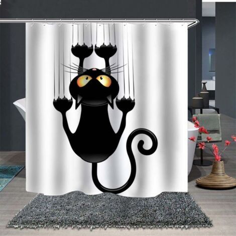 Cortina de ducha DIY con correa, diseño humorístico de gato, con ganchos (Gato negro, 180x200) (1/4)
