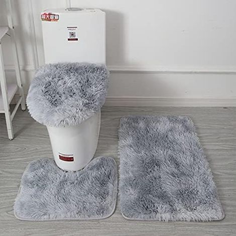 3-teiliges Badematten-Set – Rutschfest – Waschbare Badematten – Saugfähig und ultraweich – Hält warm – Mit U-förmiger WC-Matte, Badematten und WC-Deckelbezug – Hellgrau (1/5)