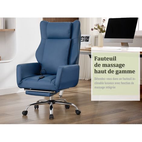 Fauteuil de bureau à pieds croisés, revêtement cuir PU, fonction massage, accoudoirs et repose-pieds réversibles, bleu (1/5)
