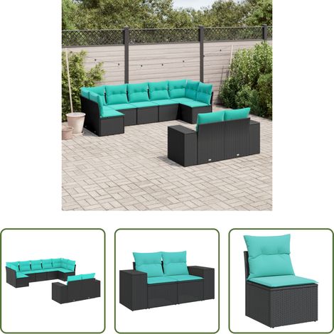 Gartenmöbel -  9-teiliges Gartensofa-Set mit Kissen, schwarzes Polyrattan (1/5)