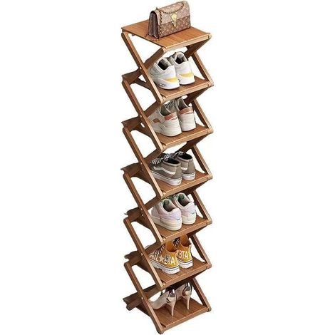 Étagère à chaussures en bambou - Aucun montage requis, rangement à chaussures pliable, étagère multifonctionnelle pour entrées, coins, chambres, balcons, 7 étages, marron (renforcée et épaisse) (1/5)