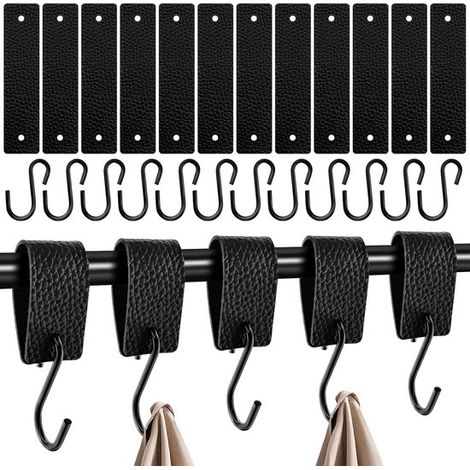 Set mit 12 S-Haken mit Lederschlaufen - Stabile und langlebige Kleiderhaken aus Edelstahl - 12,5 x 3 cm - Geeignet für Schränke, Camping, Küchen, Badezimmer usw. - Langlebig und robust.