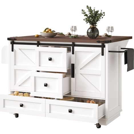 Chariot de cuisine multifonction avec table rabattable,îlot mobile,bar ou buffet avec espace de rangement,desserte sur roulettes avec 3 tiroirs et 2 portes (1/5)