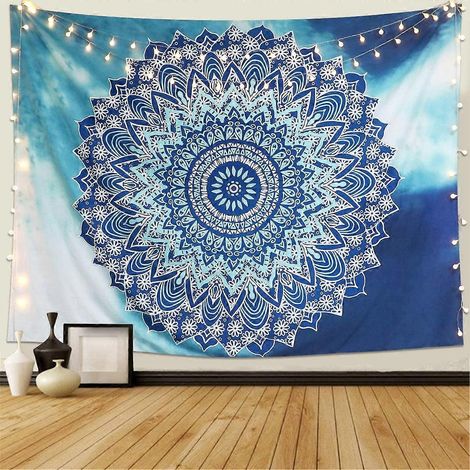 Tapisserie murale indienne mandala hippie bohème orientale à fleurs bleu clair