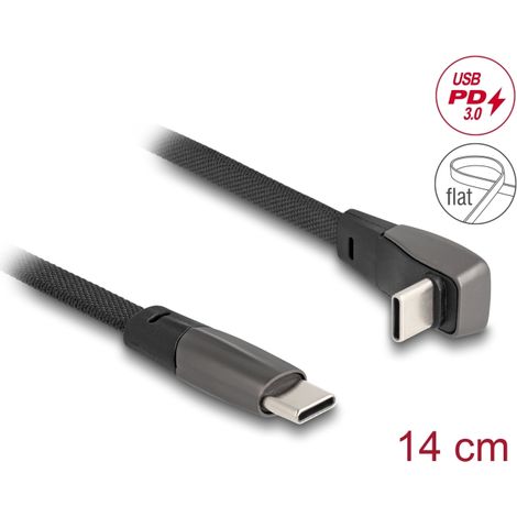 Delock Cable plano de cinta USB 2.0 USB Type-Câ¢ macho a USB Type-Câ¢ macho acodado PD 3.0 60 W 14 cm negro