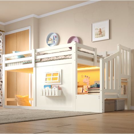 Kinderhochbett 90 x 200 cm mit Stauraumtreppe, LED-Lichtleiste und Fenster, Weiß OKMYHOME (1/5)