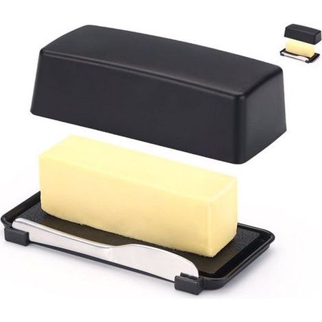 Butterdose mit Deckel – 17,5 x 8,3 x 5 cm – mit Edelstahlmesser – Schwarz – Käsedose – Kleine Butterdose (1/5)