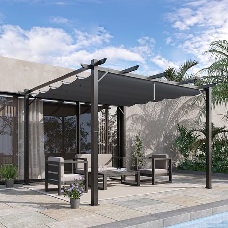 Pergola Pavillon mit Schiebedach, Terrassenüberdachung aus Aluminium, für Garten, Kohlegrau/Dunkelgrau, 3 x 3 x 2,23 m
