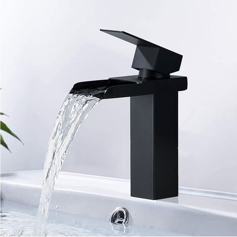Robinet cascade noir, mitigeur lavabo mono-trou, levier unique en inox – DELKEVIC